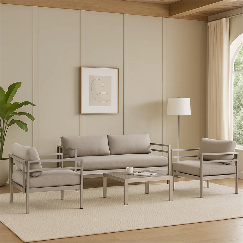 Benjara 3 Piece Sectional Fabric Upholstered Sofa Set with Table- Gray & Silver