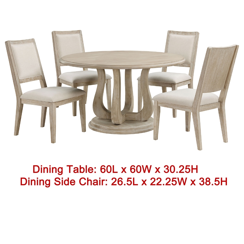 Benjara Eva 5pc Dining Table Set- White Washed Round Wood Top- Beige Chairs
