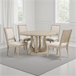 Benjara Eva 5pc Dining Table Set- White Washed Round Wood Top- Beige Chairs