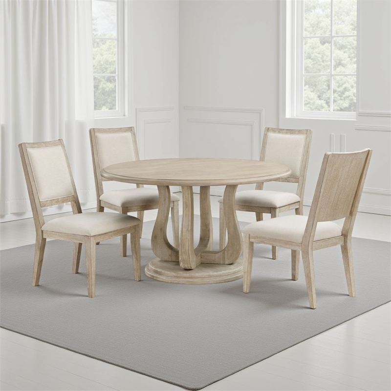 Benjara Eva 5pc Dining Table Set- White Washed Round Wood Top- Beige Chairs