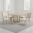 Benjara Eva 5pc Dining Table Set- White Washed Round Wood Top- Beige Chairs