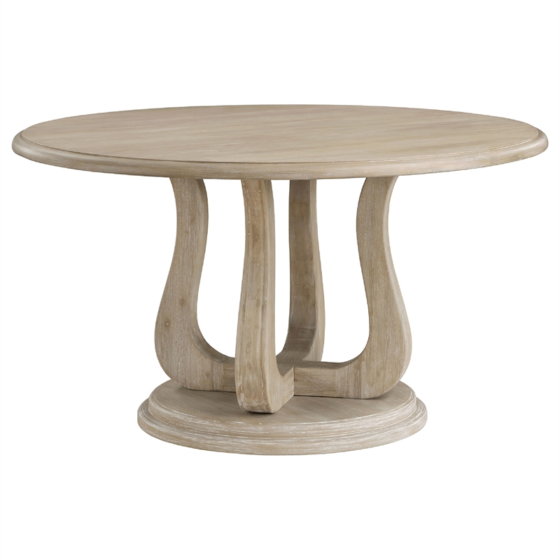 Benjara Eva 5pc Dining Table Set- White Washed Round Wood Top- Beige Chairs