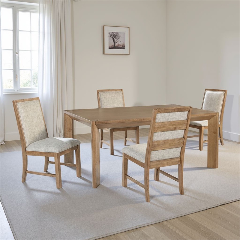 Benjara Rune 5pc Dining Table Set- Natural Brown Veneer- 4 Oatmeal Gray Chairs