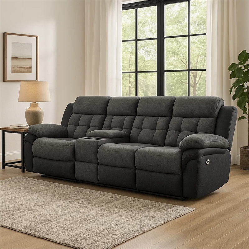 Benjara Jak Power Recliner Sofa-2 Consoles-Cushioned Tufted Seats-Charcoal Gray