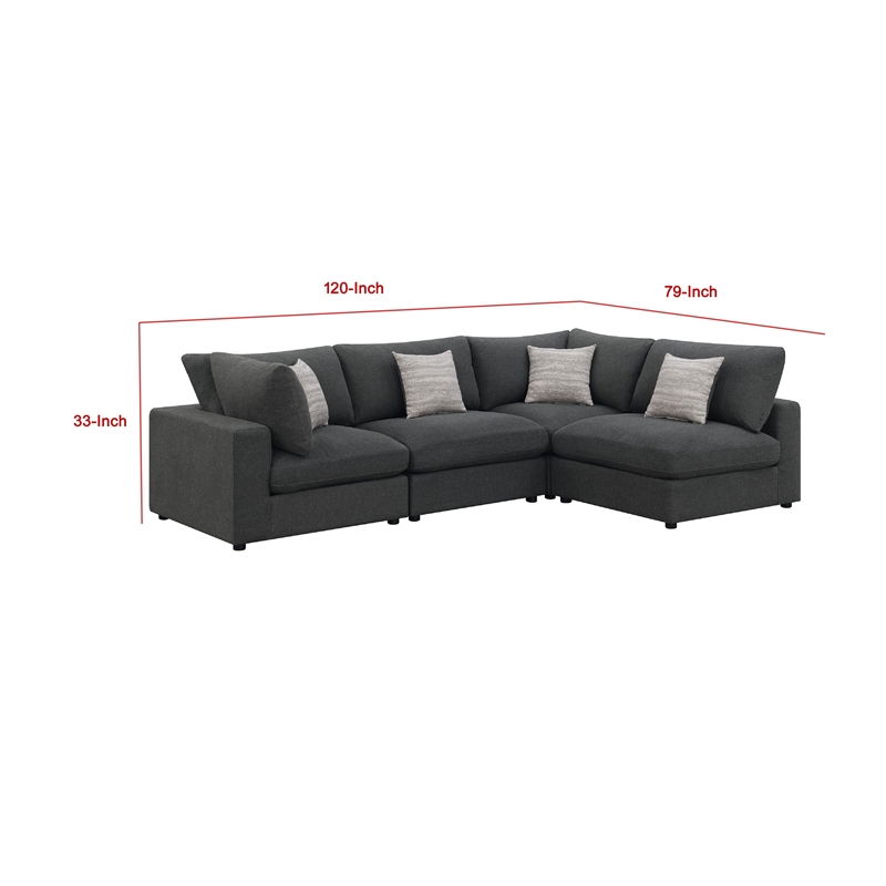 Benjara Serena 4pc Modular Sectional Sofa- 4 Accent Pillows- Gray Jacquard