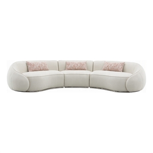 Benjara Sarah Sectional Sofa- 3 Pillows- Beige Boucle Fabric- Curved Shape