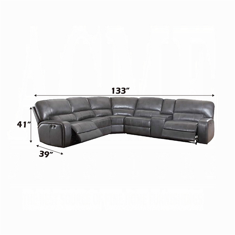 Benjara Saley Power Motion Sectional Sofa- USB- Gray Faux Leather- Console