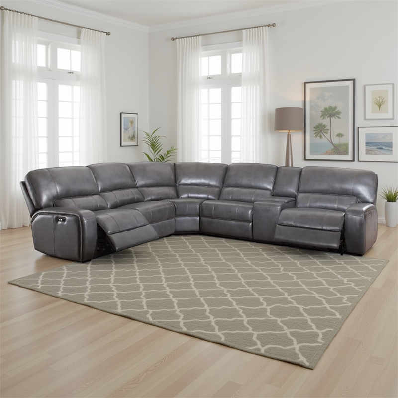 Benjara Saley Power Motion Sectional Sofa- USB- Gray Faux Leather- Console