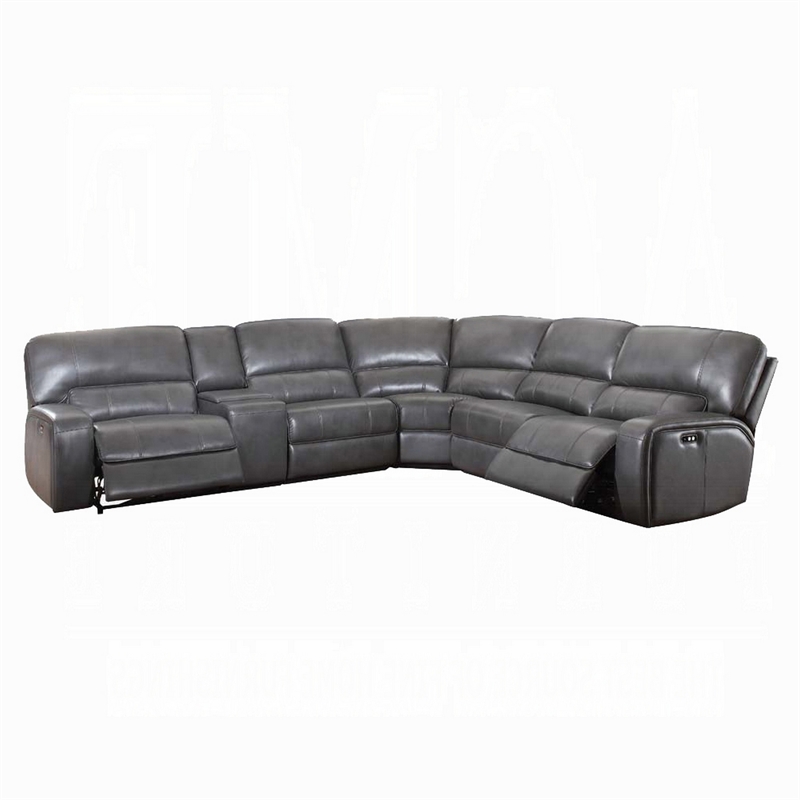 Benjara Saley Power Motion Sectional Sofa- USB- Gray Faux Leather- Console