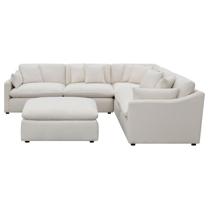 Benjara Hobo 6pc Modular Sectional Sofa- Ivory Fabric- 10 Pillows- 120
