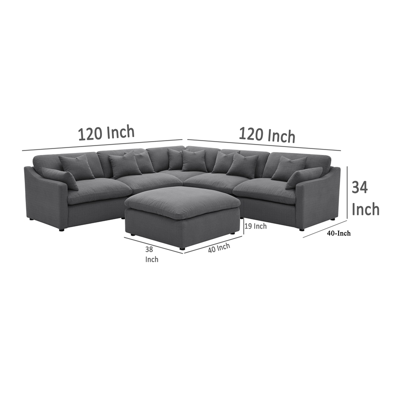 Benjara Hobo 6pc Sectional Sofa- Charcoal Gray Fabric- 10 Pillows- 120