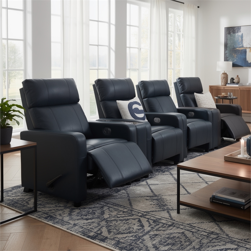 Benjara Heena Home Theater Set-5 Manual Recliners-2 Consoles-Black Faux Leather