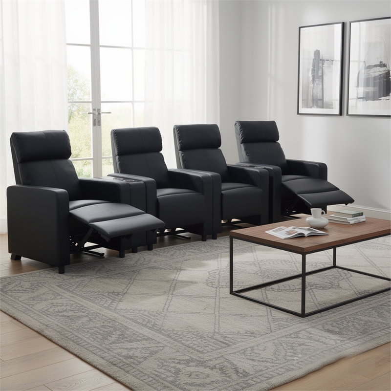 Benjara Heena Home Theater Set-5 Manual Recliners-2 Consoles-Black Faux Leather