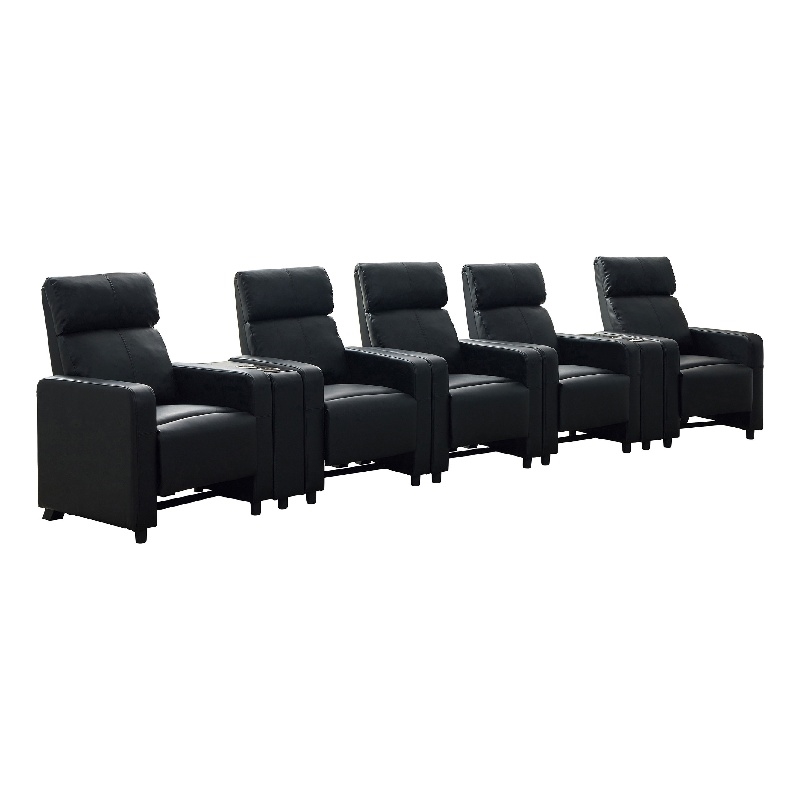 Benjara Heena Home Theater Set-5 Manual Recliners-2 Consoles-Black Faux Leather