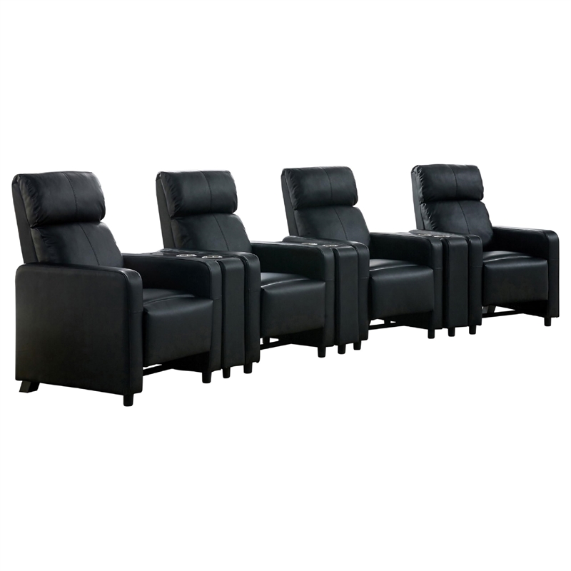 Benjara Heena Home Theater Set-4 Manual Recliners-3 Consoles-Black Faux Leather