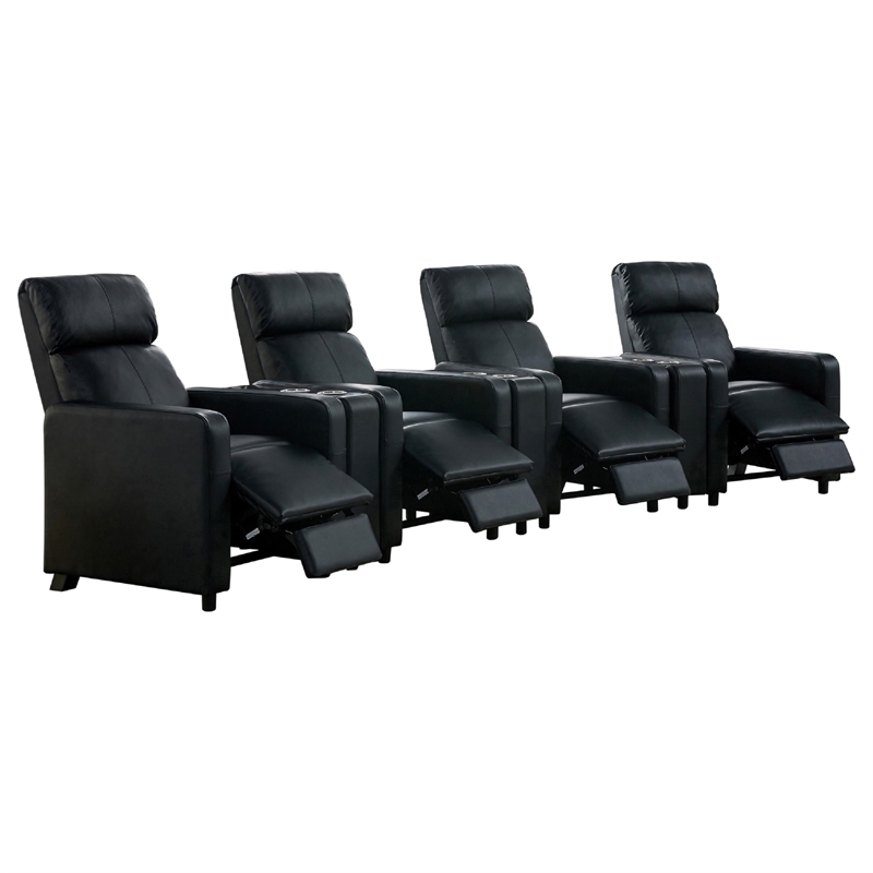 Benjara Heena Home Theater Set-4 Manual Recliners-3 Consoles-Black Faux Leather
