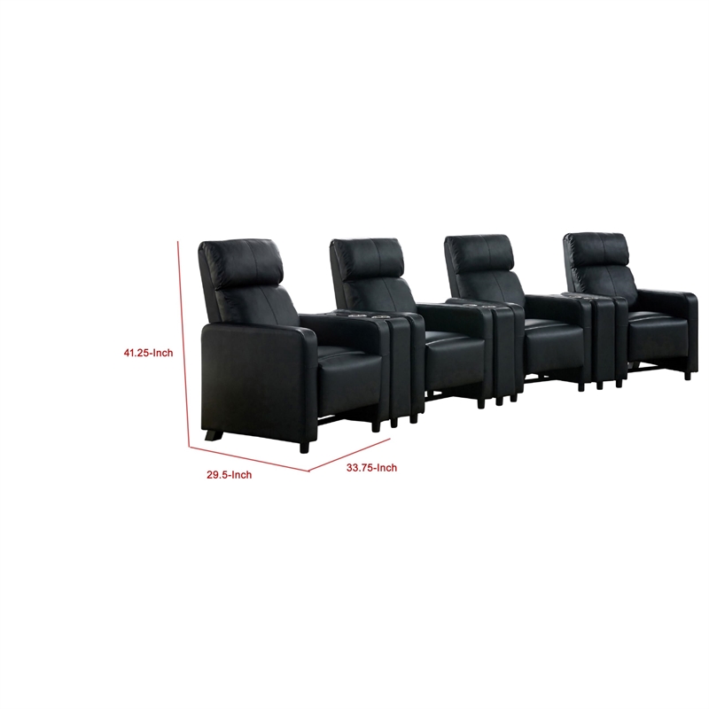 Benjara Heena Home Theater Set-4 Manual Recliners-3 Consoles-Black Faux Leather