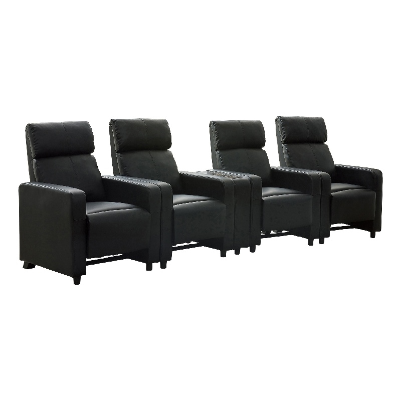 Benjara Heena Home Theater Set-4 Manual Recliners-1 Console-Black Faux Leather