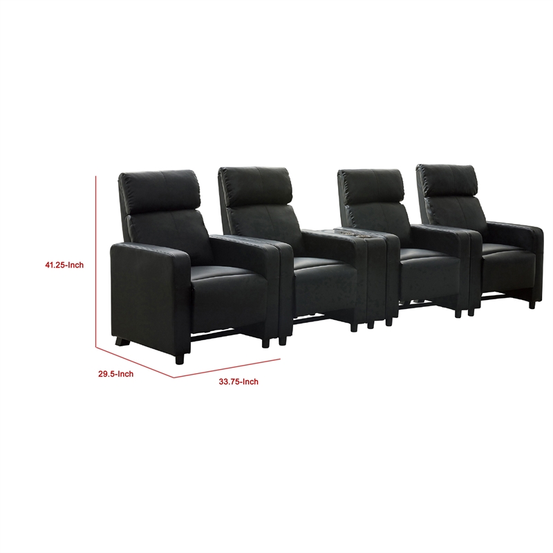 Benjara Heena Home Theater Set-4 Manual Recliners-1 Console-Black Faux Leather