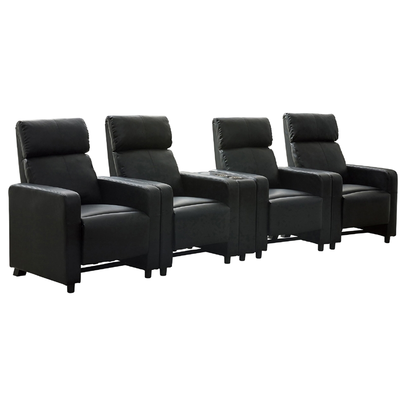 Benjara Heena Home Theater Set-4 Manual Recliners-1 Console-Black Faux Leather