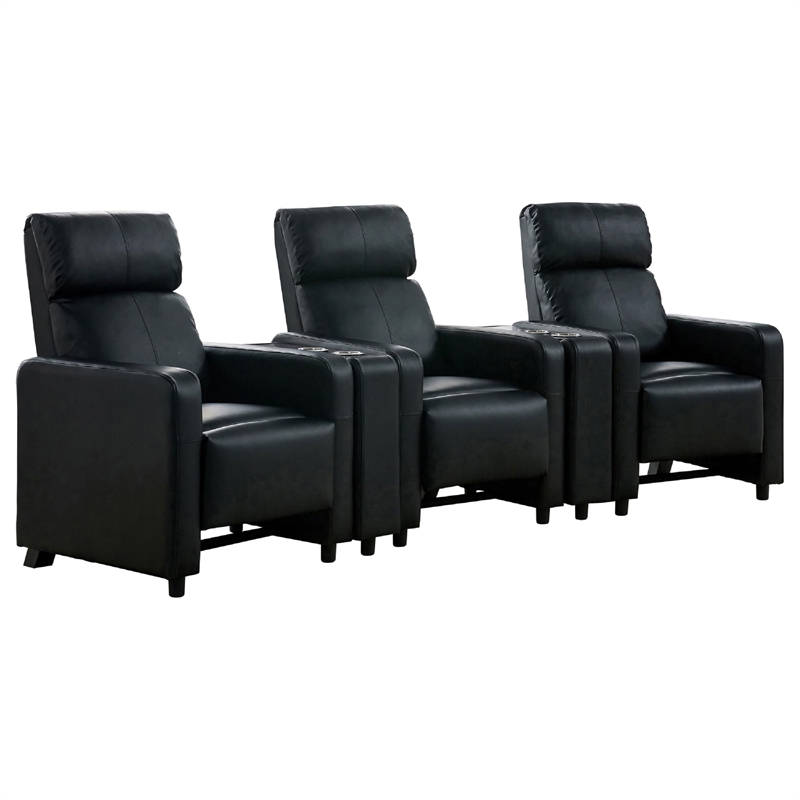 Benjara Heena Home Theater Set-4 Manual Recliners-2 Consoles-Black Faux Leather
