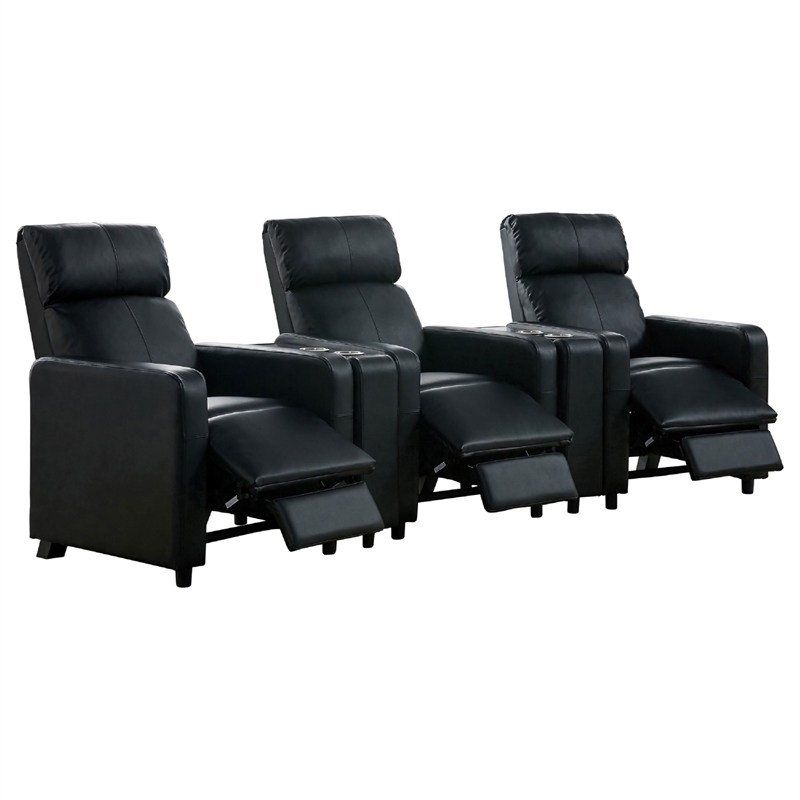 Benjara Heena Home Theater Set-4 Manual Recliners-2 Consoles-Black Faux Leather