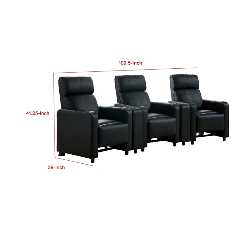 Benjara Heena Home Theater Set-4 Manual Recliners-2 Consoles-Black Faux Leather