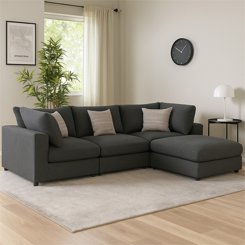 Benjara Serena 4pc Modular Sectional Sofa- Ottoman- 3 Pillows- Gray Jacquard