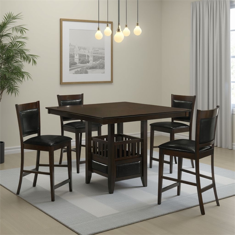 Benjara Edan 5pc Counter Height Dining Set- Brown Table- Black Padded Chairs