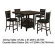 Benjara Edan 5pc Counter Height Dining Set- Brown Table- Black Padded Chairs