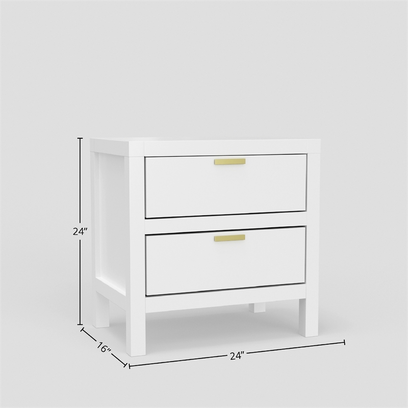 Fery Nightstand- 2 Drawers- Gold Metal Handles- White Solid Pine Wood