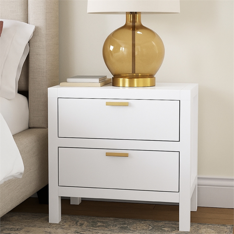 Fery Nightstand- 2 Drawers- Gold Metal Handles- White Solid Pine Wood