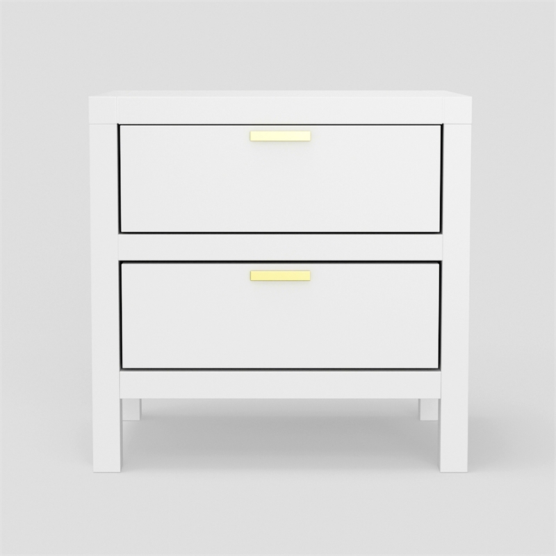 Fery Nightstand- 2 Drawers- Gold Metal Handles- White Solid Pine Wood
