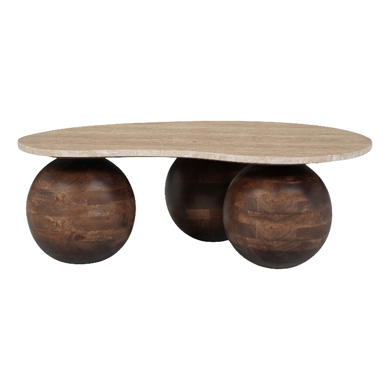 Resh Accent Coffee Table- Curved Natural Travertine Top- Round 3 Balls Wood Base