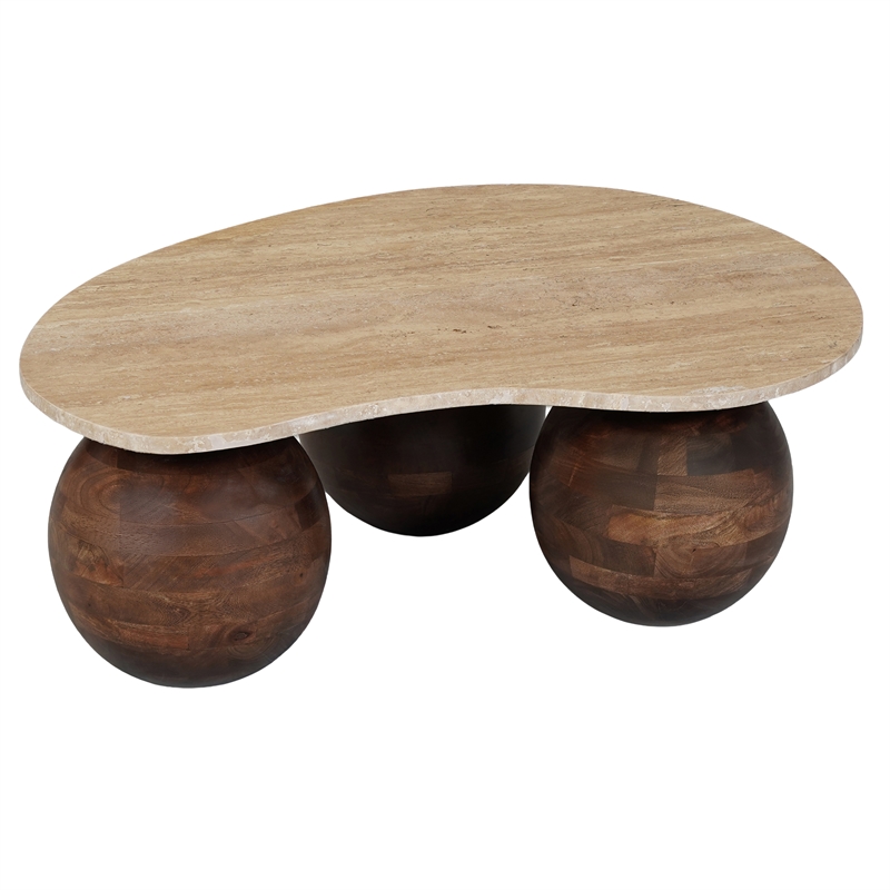 Resh Accent Coffee Table- Curved Natural Travertine Top- Round 3 Balls Wood Base