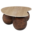 Resh Accent Coffee Table- Curved Natural Travertine Top- Round 3 Balls Wood Base