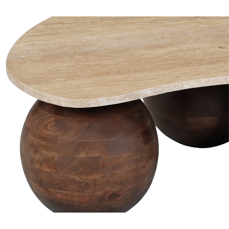 Resh Accent Coffee Table- Curved Natural Travertine Top- Round 3 Balls Wood Base