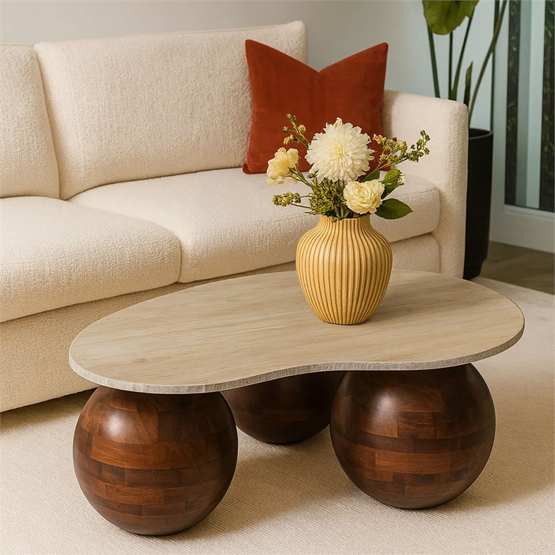 Resh Accent Coffee Table- Curved Natural Travertine Top- Round 3 Balls Wood Base