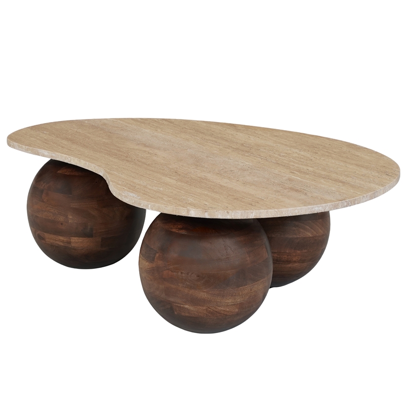 Resh Accent Coffee Table- Curved Natural Travertine Top- Round 3 Balls Wood Base