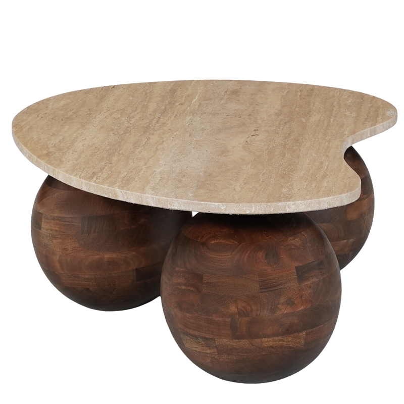 Resh Accent Coffee Table- Curved Natural Travertine Top- Round 3 Balls Wood Base