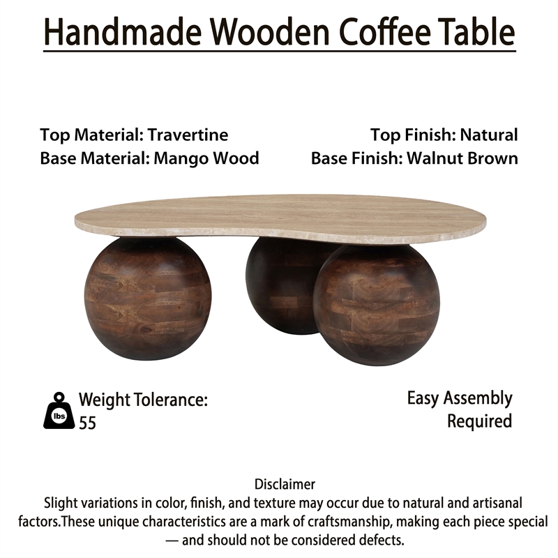 Resh Accent Coffee Table- Curved Natural Travertine Top- Round 3 Balls Wood Base