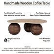 Resh Accent Coffee Table- Curved Natural Travertine Top- Round 3 Balls Wood Base