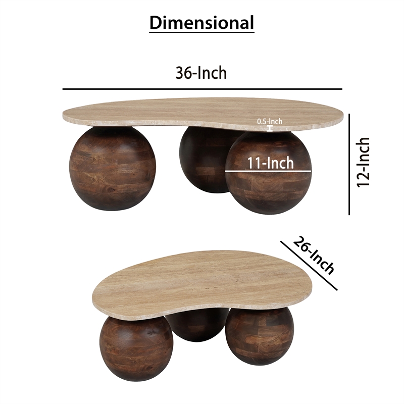 Resh Accent Coffee Table- Curved Natural Travertine Top- Round 3 Balls Wood Base