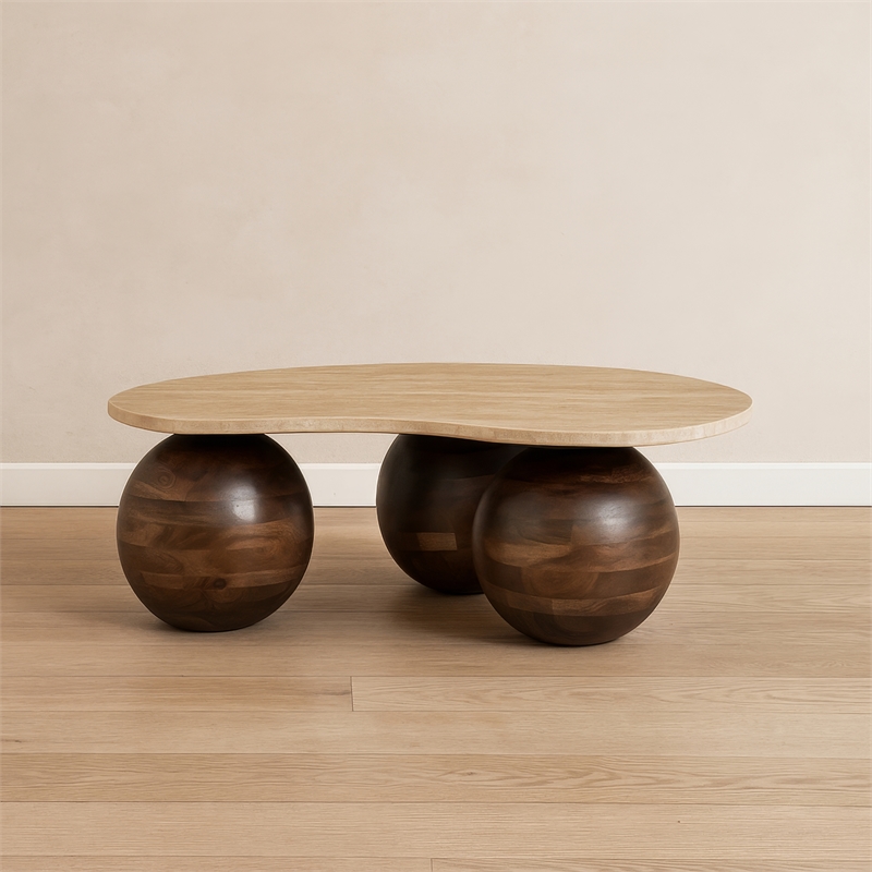 Resh Accent Coffee Table- Curved Natural Travertine Top- Round 3 Balls Wood Base