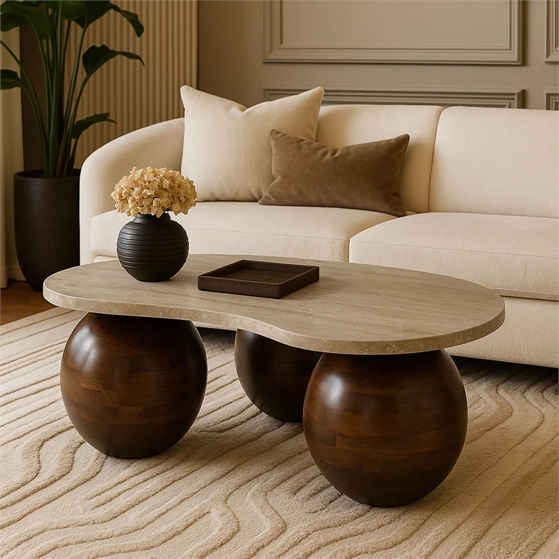 Resh Accent Coffee Table- Curved Natural Travertine Top- Round 3 Balls Wood Base