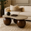 Resh Accent Coffee Table- Curved Natural Travertine Top- Round 3 Balls Wood Base