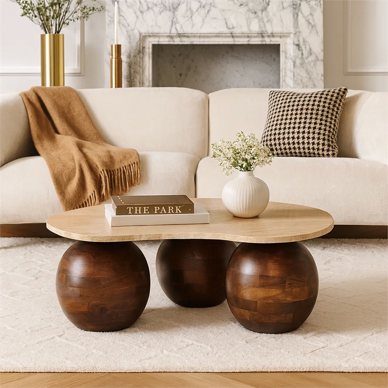 Resh Accent Coffee Table- Curved Natural Travertine Top- Round 3 Balls Wood Base