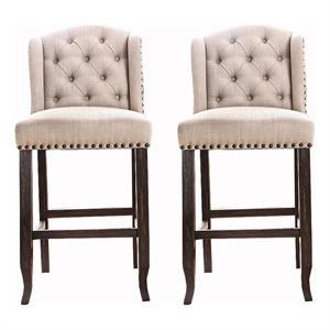Button Tufted Fabric Upholstered Wooden Bar Chair- Beige and Black- Set of Two