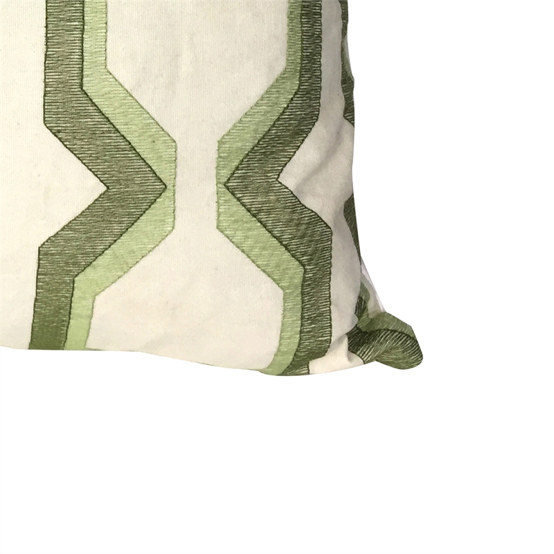 Contemporary Cotton Pillow with Geometric Embroidery- Green and White