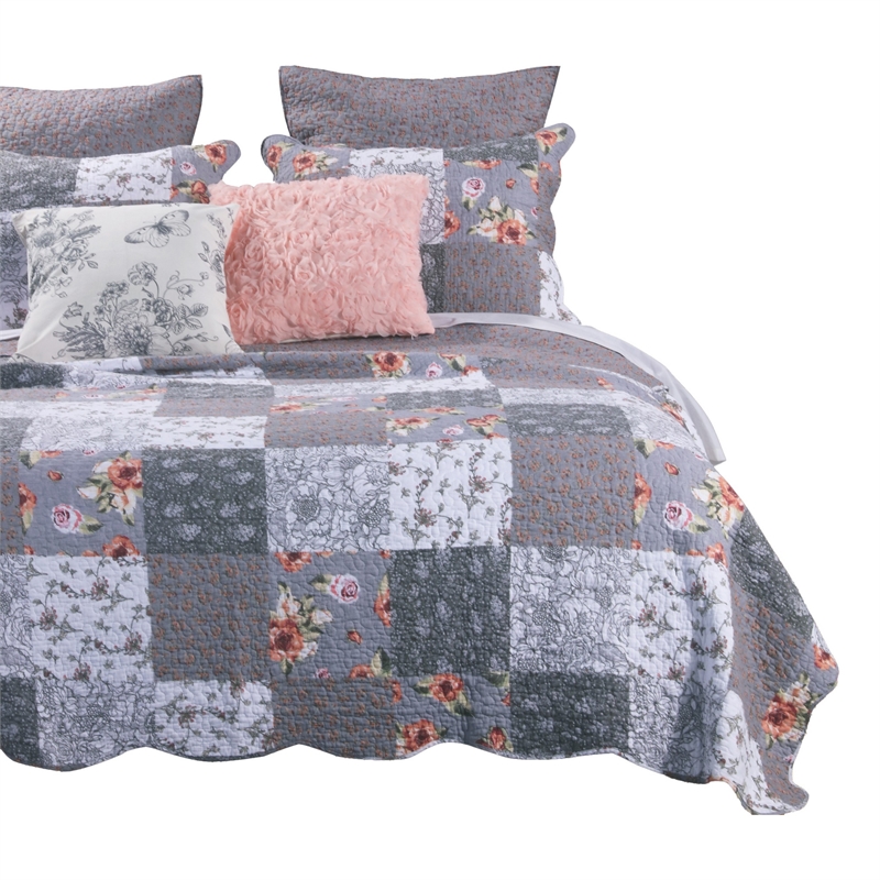 Microfiber Quilt and 1 Pillow Sham Set with Floral Prints- Multicolor